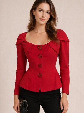 Carolina Herrera Red Sculpted Blazer Jeweled Buttons Couture Fit Jacket